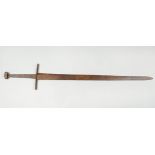 Large Medieval Iron Sword, with canted blade, handprotection and grip, ending in rectangular knop,