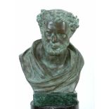 Bust of ancient philosoph, bronze cast with fine handfinish, dark brown patina, rectangular green