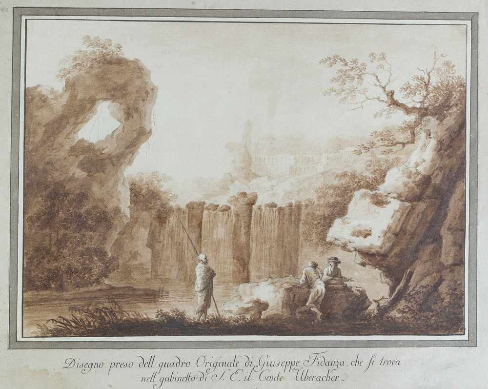 Francesco Fidanza (1749- 1819) -circle, pair of water colours in sepia technic of a waterfall and - Image 2 of 3