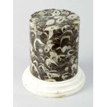 Column with Fossils , round shape black murble with fossils on stepped white marble base 20 cm