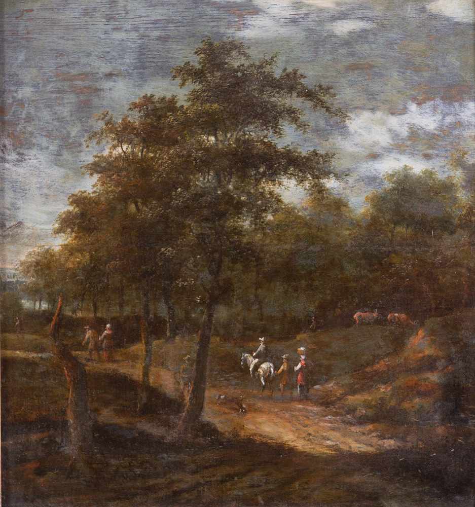 Jacob van Ruisdael (1628-1682)- circle , travellers with horses and cows on a path in a forrest , - Image 2 of 3