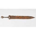 Medieval or ancient short iron sword, bright blade rusty with bronce nob and handprotection 63 cm