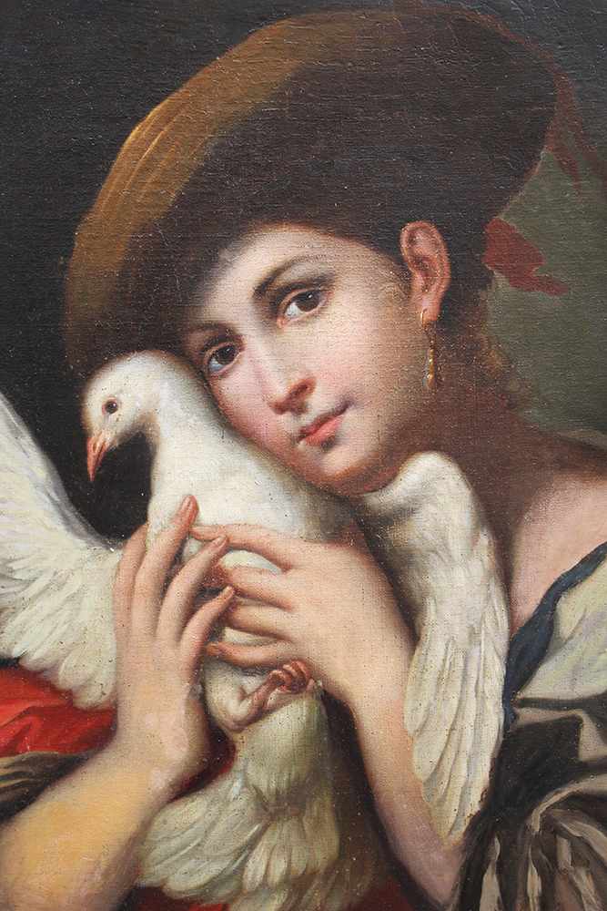 Italian school , girl with a pigeon and hat in taditional dress oil on canvas framed, 18th - Image 3 of 3