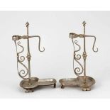 Pair of German iron candle sticks , central column with finial knop and middle decoration candle