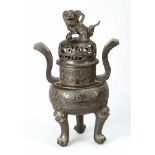 Chinese incense Burner, on three long legs with grotesque faces, round central body with