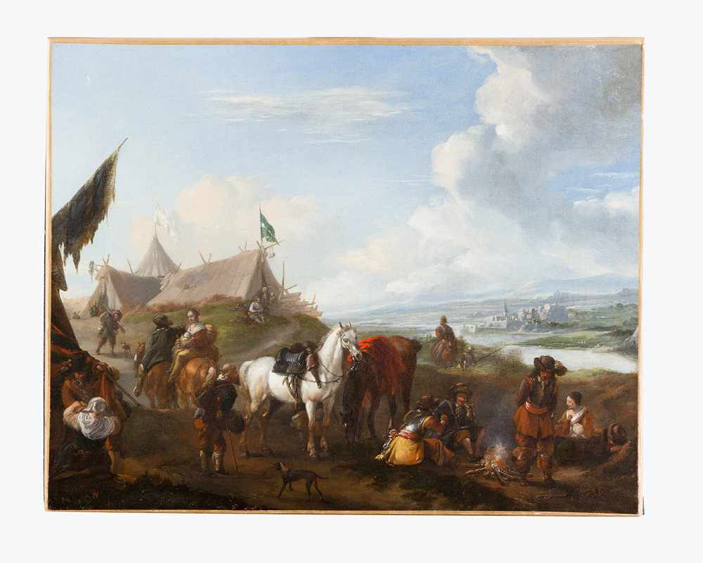 Philips Wouwerman (1619-1668)-attributed, cavalry camp with soldiers, women, and horses by a river