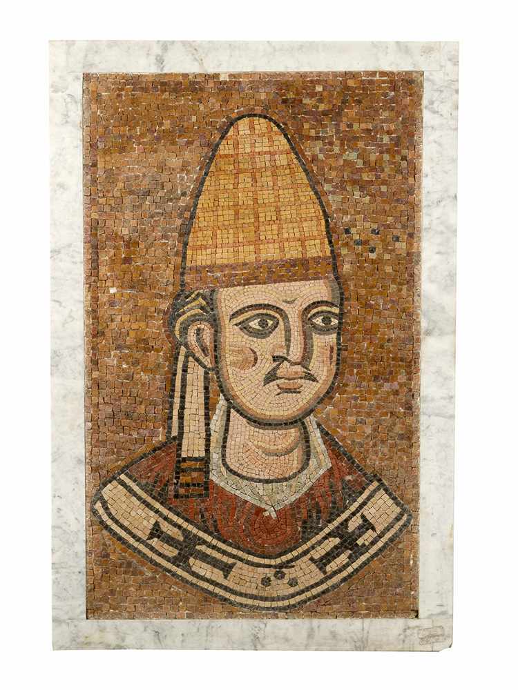 Portrait of Pope Innozenz lll. (1161 - 1216) , with cap, different coloured stones on stone plinth