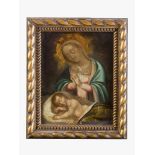 Italian School around 1700, Madonna with child, oil on copper, partly gilded, framed. 23 x 17 cm