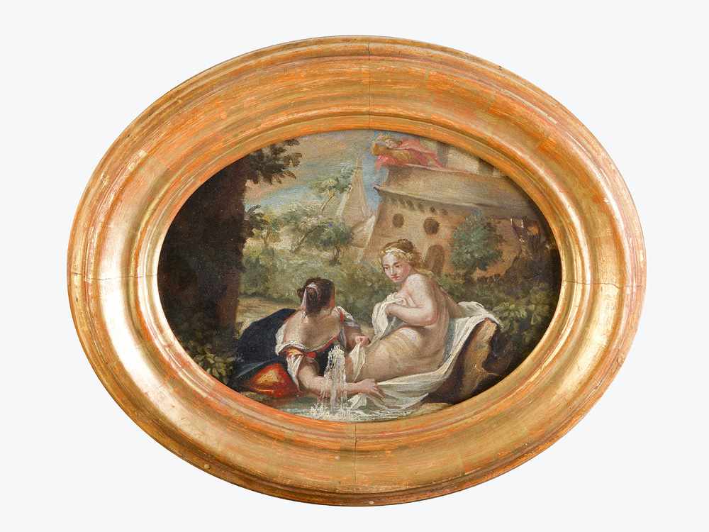 Italian Artist 18.Century, Bathseba at her toilet, oil on wooden panel in gilded frame, oval.