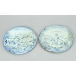 Pair of Castelli dishes, ceramic round shape with blue painted satyr and godness in landscape on