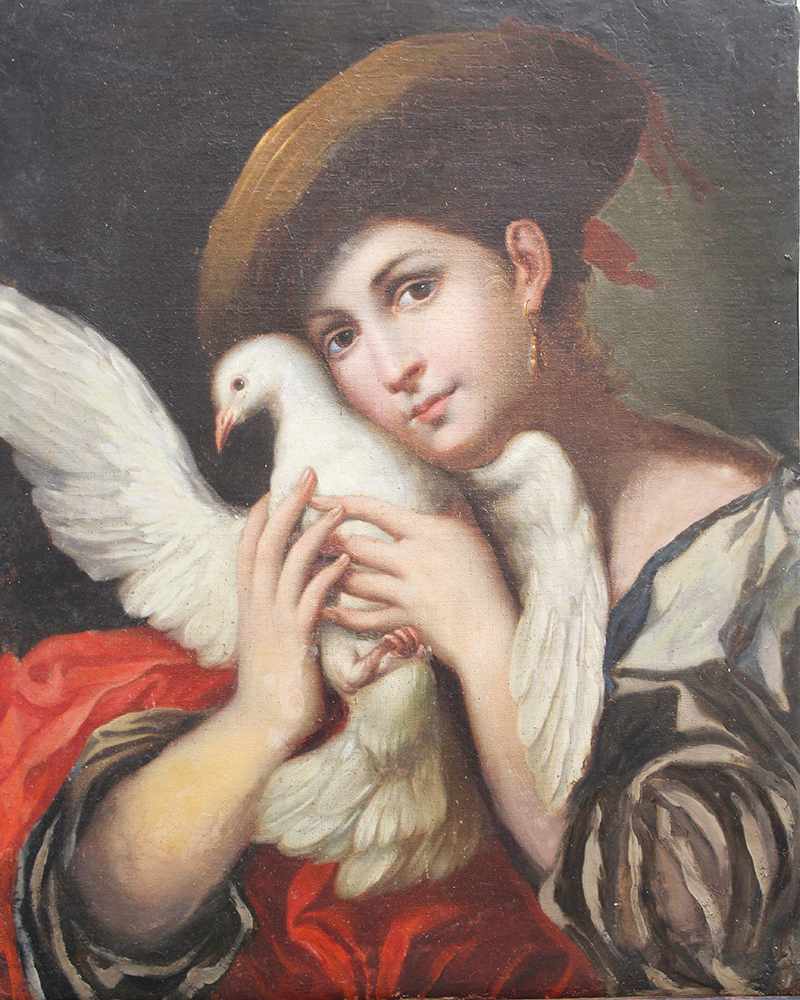 Italian school , girl with a pigeon and hat in taditional dress oil on canvas framed, 18th - Image 2 of 3