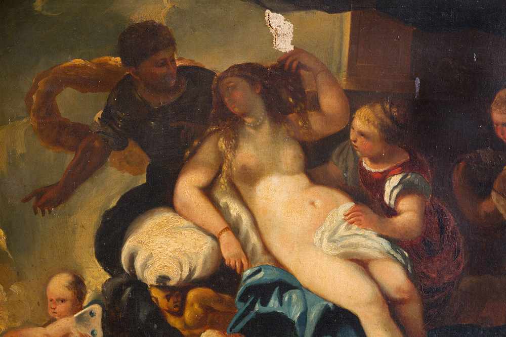 Luca Giordano ( 1634- 1705 )-attributed, Mars and Venus, oil on canvas, framed, octagonal. 60 x 78 - Image 3 of 3