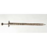 Medieval Iron Sword, with canted blade, handprotection, grip and finial knop, earthfound. Length: