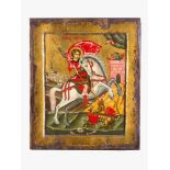 Icon of Saint George, oil on wooden panel, partly gilded, with description, south eastern Europe,