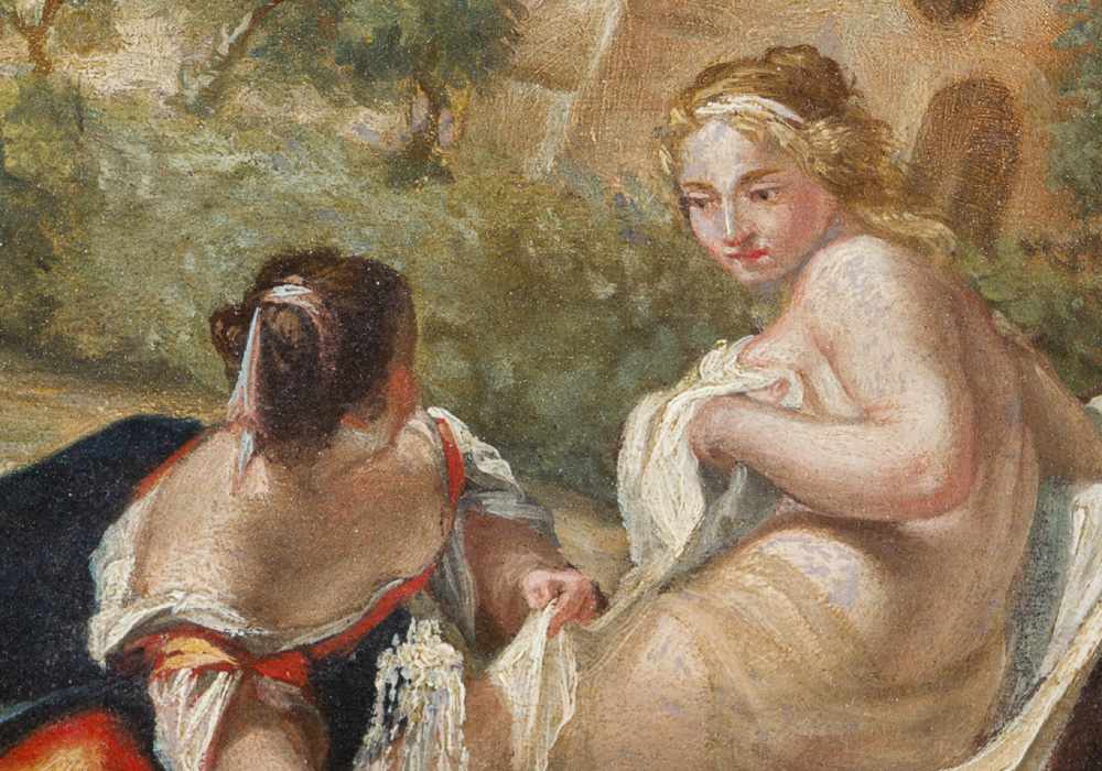 Italian Artist 18.Century, Bathseba at her toilet, oil on wooden panel in gilded frame, oval. - Image 3 of 3