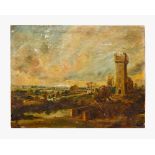 Peter Paul Rubens ( 1577 – 1640)- follower, oil study of a tower in landscape, oil on oak panel,