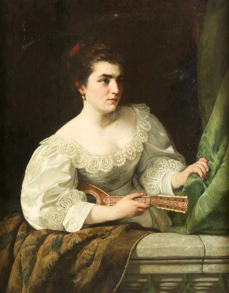Pauline Soltau (1833-1902), portrait of a girl with mandoline on balcony, oil on canvas, signed - Image 2 of 3