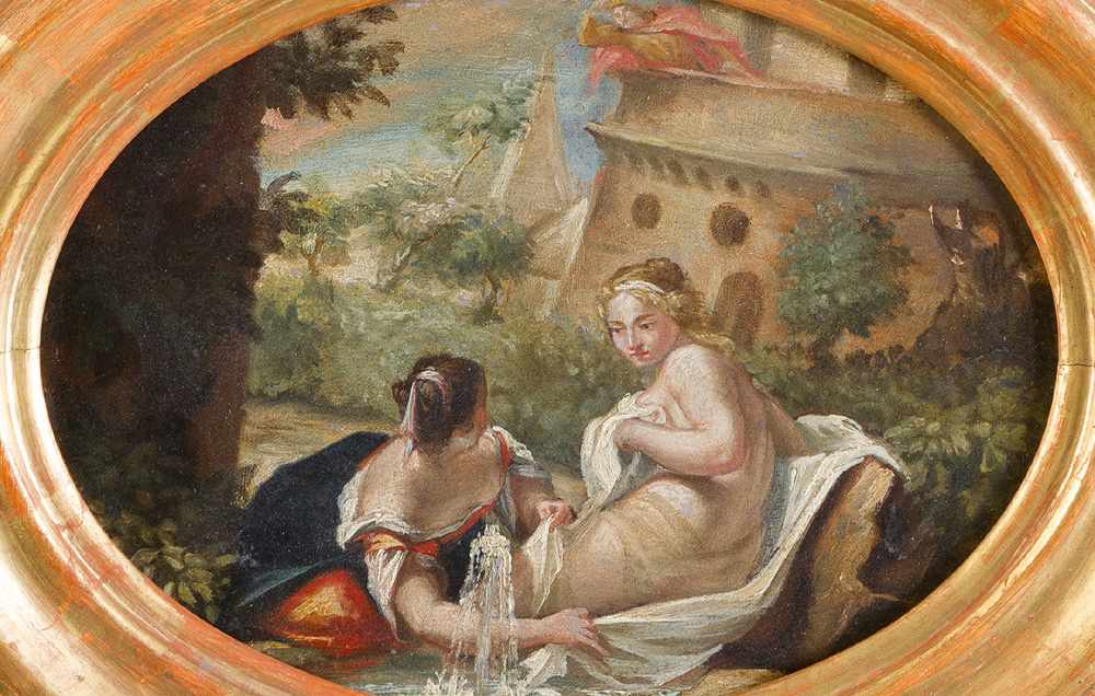Italian Artist 18.Century, Bathseba at her toilet, oil on wooden panel in gilded frame, oval. - Image 2 of 3