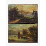 Austrian School 19th Century, two romantic landscapes by lakes in the mountains, oil on canvas, a