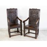 Pair of english chairs , on four feet with connections, two armrests richly carved outsawed