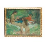 Unkkown Artist around 1900, two female nudes and one lying woman in landscape, pastell on paper,