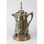 Victorian plated Can , with lid and handgrip in stand richly engraved and decorated, marked on the