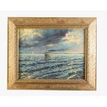 Russian Artist around 1900. Russian steam boat on the sea surrounded by sailing boats and cloudy