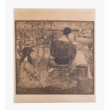 Johann Heinrich Vogeler ( 1872- 1942 ), romantic couple with harpe player in landscape, etching on