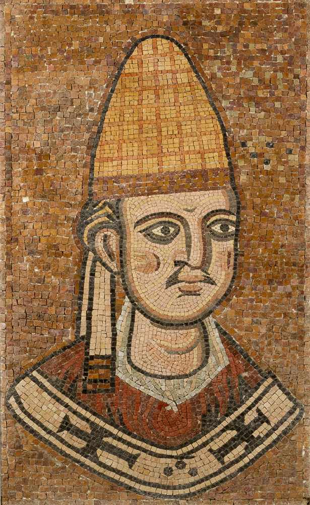 Portrait of Pope Innozenz lll. (1161 - 1216) , with cap, different coloured stones on stone plinth - Image 2 of 3