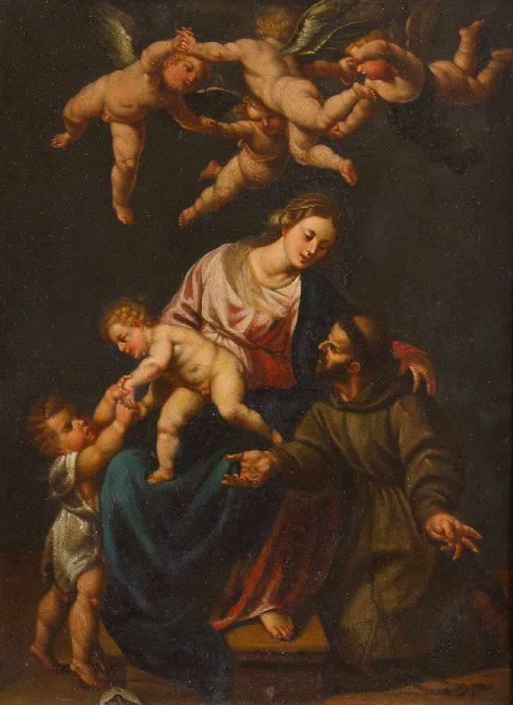 Alessandro Turchi (1578 - 1649)- attributed, Maria with angels jesus and st. John and kneeleng - Image 2 of 3