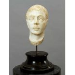 Male Marble Head in Ancient Style, of a bearded man with moustache looking upwards, hand sculpted,