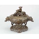 Asian bronze Incense Burner, bronze cast in three parts with open work, stand decorated with flowers