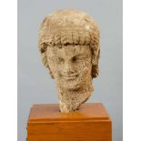 Stoned Wooden or Bone Head, in ancient style of a male youth with fine sculpted profile and curled