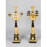 A Pair of French Empire Candellabras, bronze, quadratic stepped base, with central fluted column and