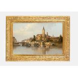 Karl Kaufmann ( 1843-1905 ), view of a Cathedral with houses by the water, possibly Ratzeburger