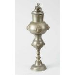 German Guild Goblet, pewter, possibly of a blacksmith guild, round stepped feet with central column,