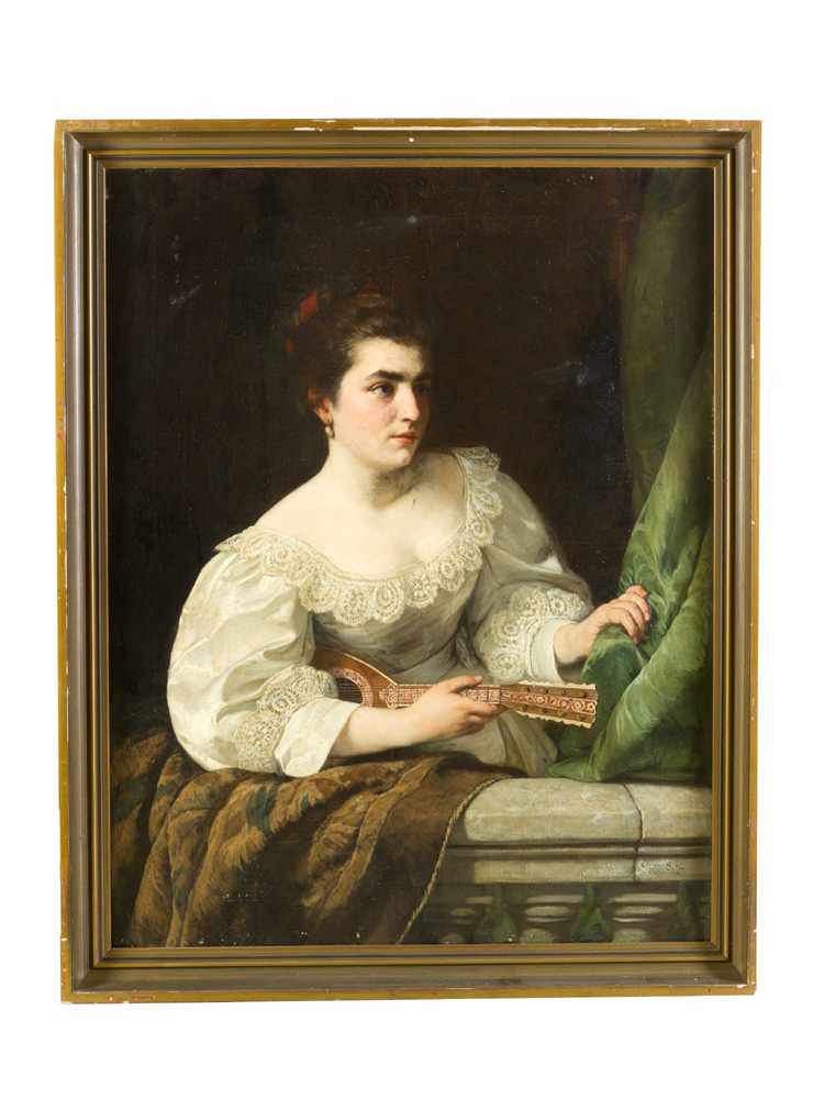 Pauline Soltau (1833-1902), portrait of a girl with mandoline on balcony, oil on canvas, signed