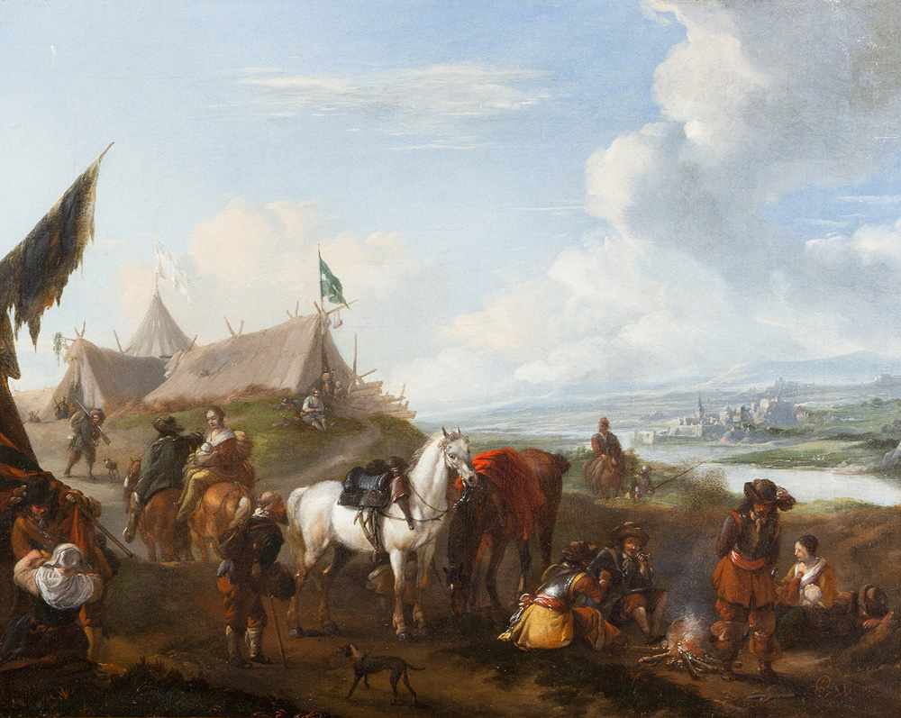 Philips Wouwerman (1619-1668)-attributed, cavalry camp with soldiers, women, and horses by a river - Image 2 of 3
