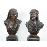 Pair of oriental Busts, bronze cast with original patina on integrated base, on the reverse signed