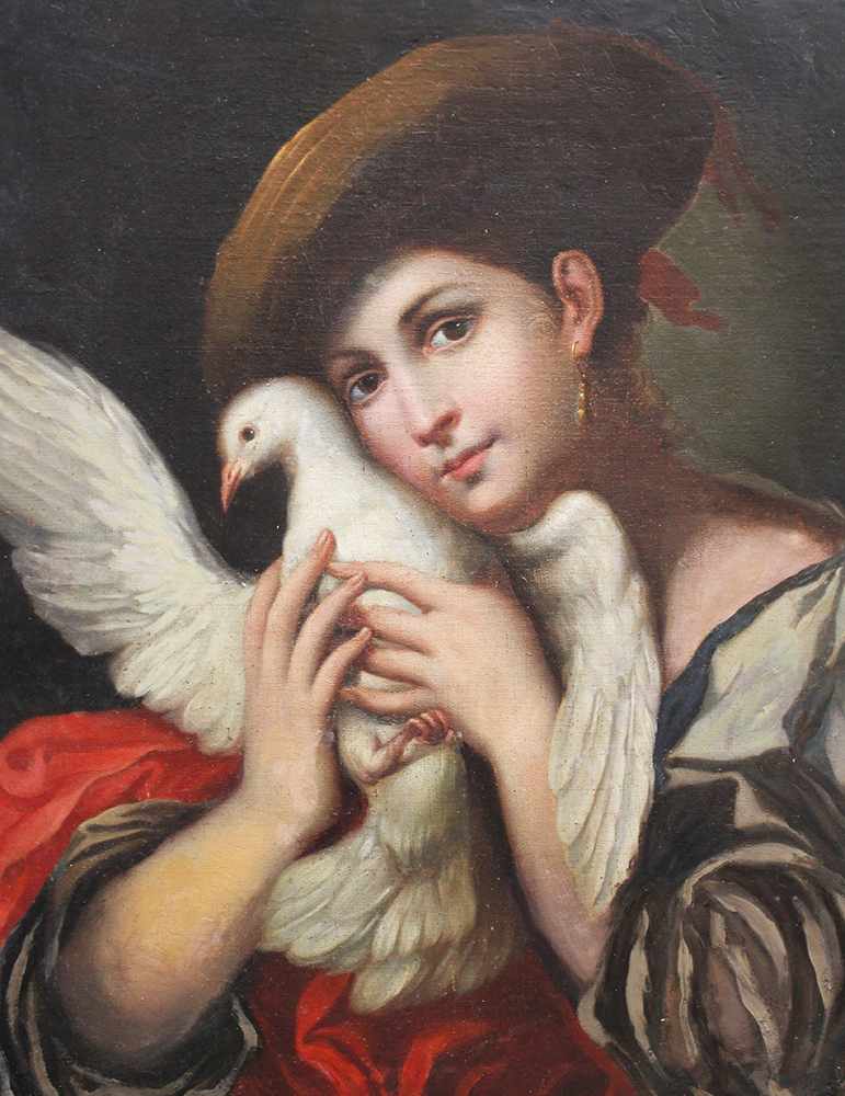 Italian school , girl with a pigeon and hat in taditional dress oil on canvas framed, 18th