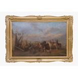 Dutch School, soldiers with horses and tents in landscape, oil on canvas, framed. 19th Century. 63 x
