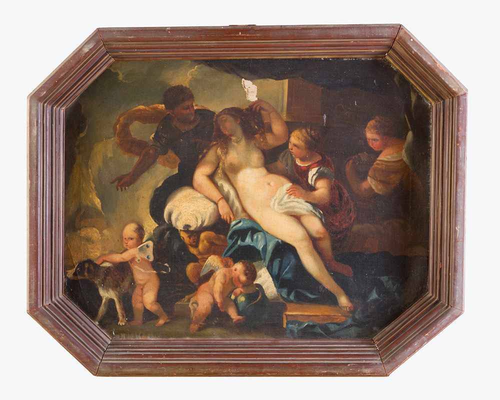 Luca Giordano ( 1634- 1705 )-attributed, Mars and Venus, oil on canvas, framed, octagonal. 60 x 78