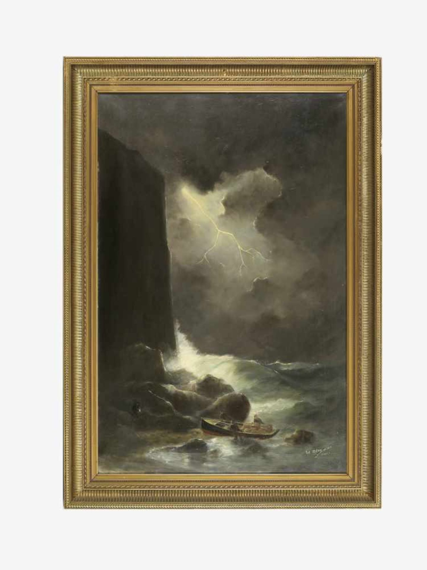 Marinemaler Bild, Öl-Lw, Fischerboot im Sturm, sig.,dat. 1913, Le Havre, ca. 90x59, ger. besch.