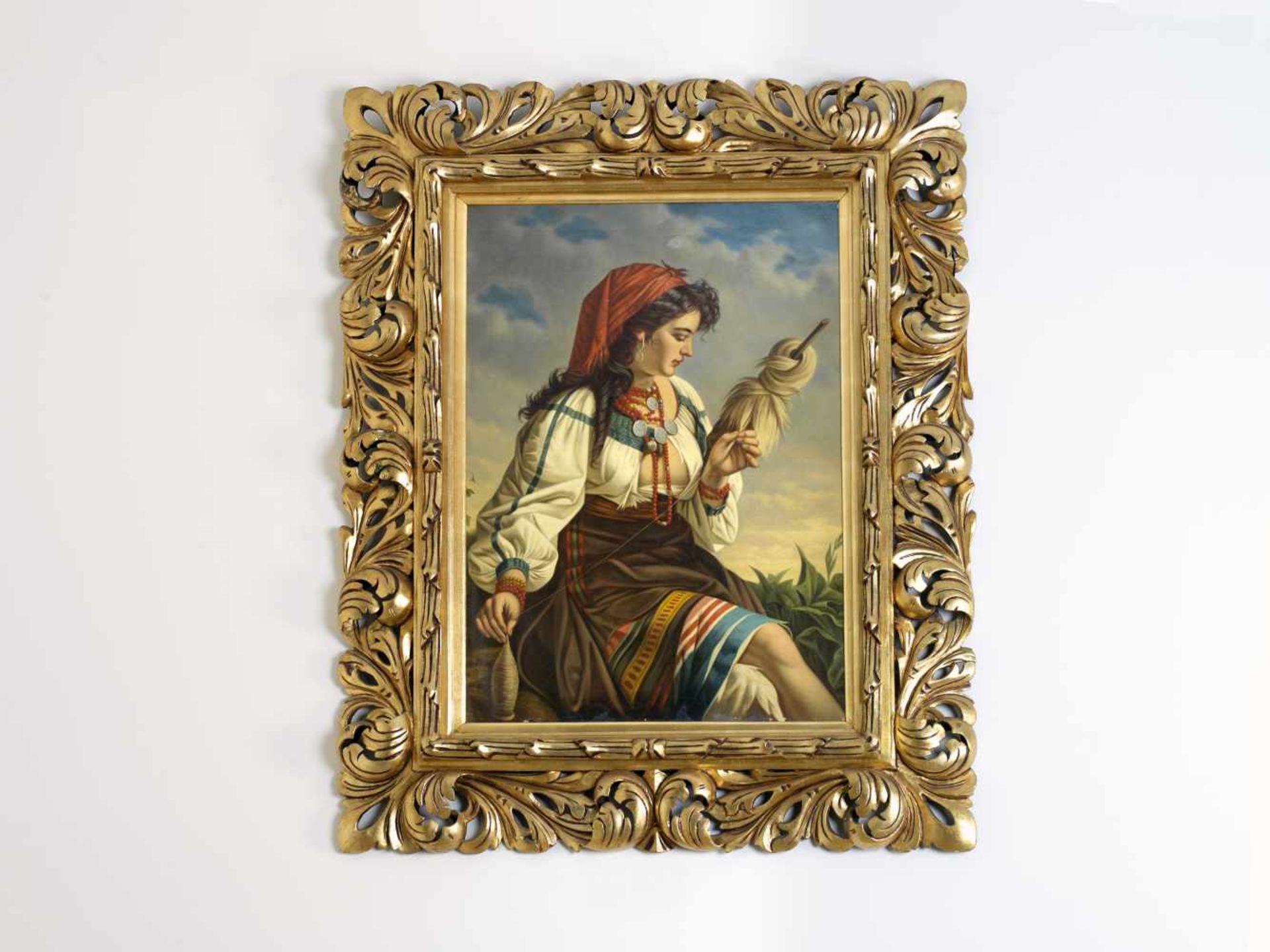 Bild "Sizilianerin beim Spinnen" Maler, Ende 19.Jh., Anfang 20.Jh., Öl auf Leinwand, ca. 93x67cm,