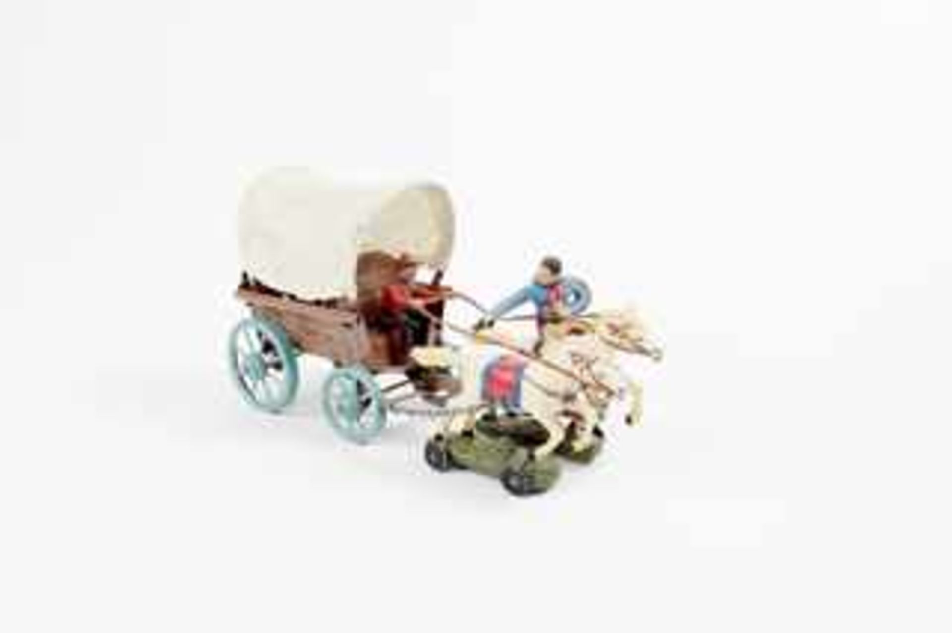 Blechspielzeug Planwagen mit Pferdegespann, Kutscher und schießendem Cowboy, Marke Plastinol, farbig