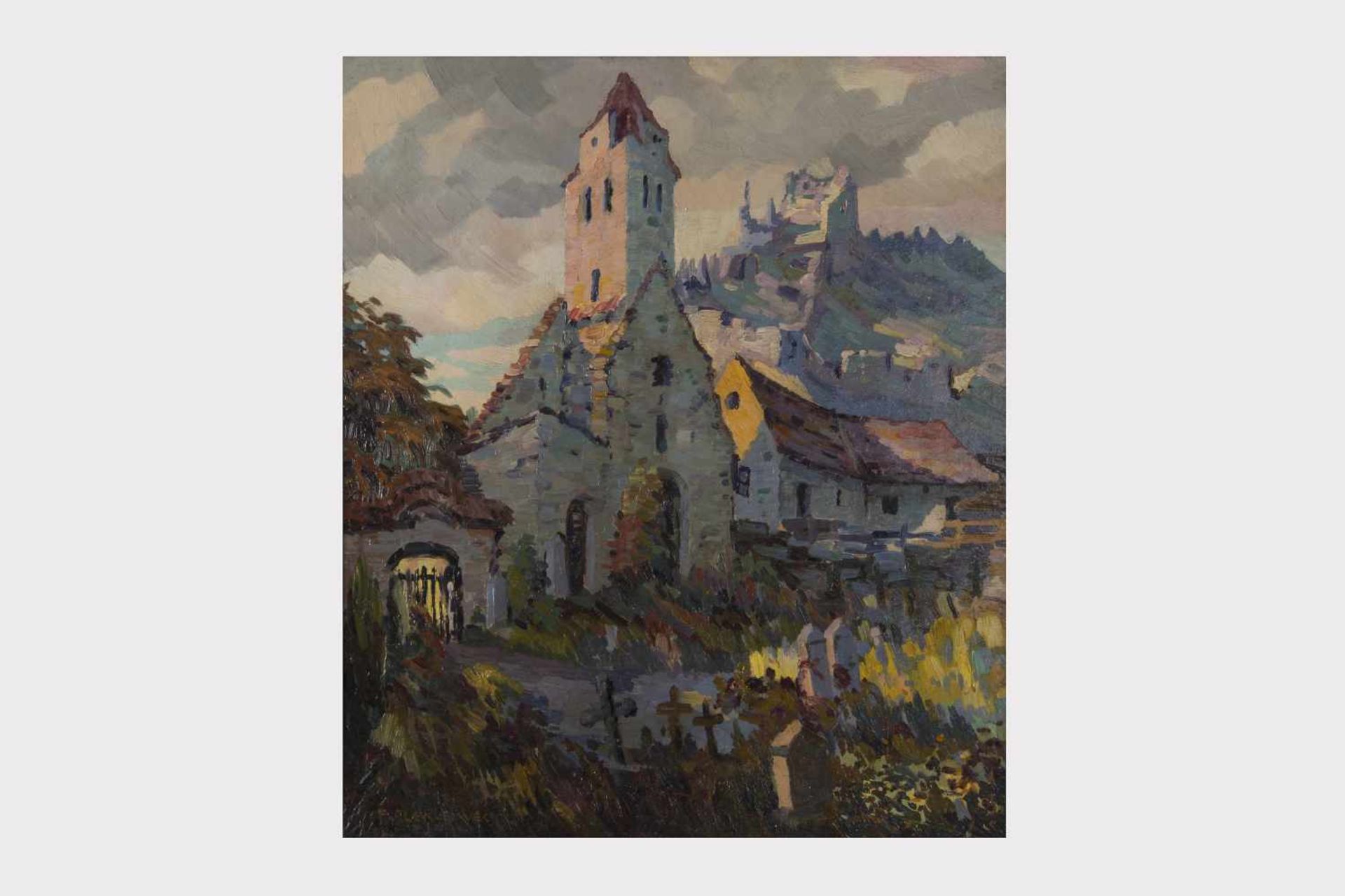 Franz Elek Eiweck (1883-1959 Eisenstadt) Kunigundenkirche in Dürnstein, Öl auf Malkarton, 53x45