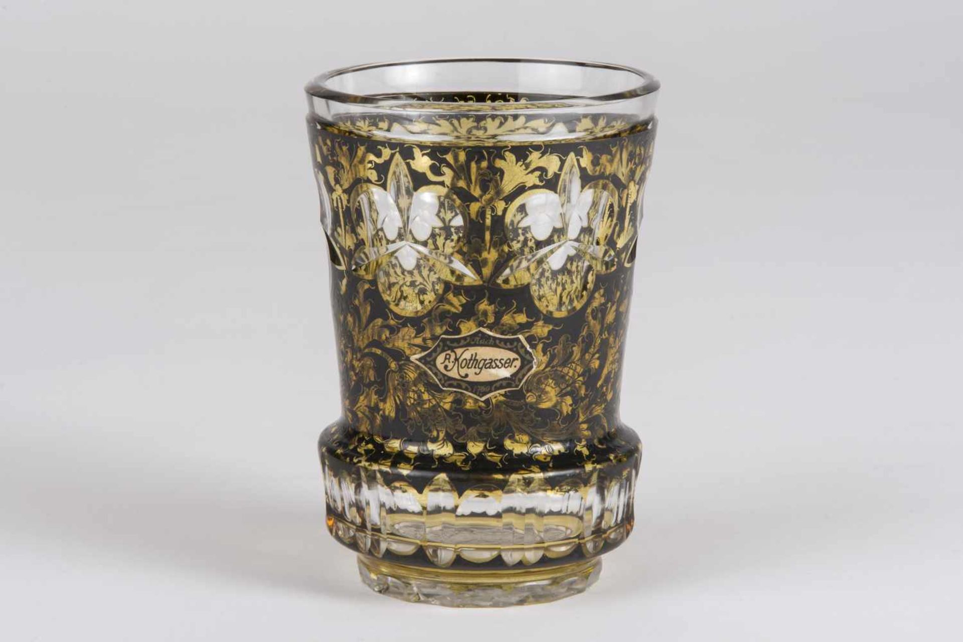 Biedermeier Becher um 1840/1850 farbloses Glas in ausladender Form, geschliffen, gelb und schwarze