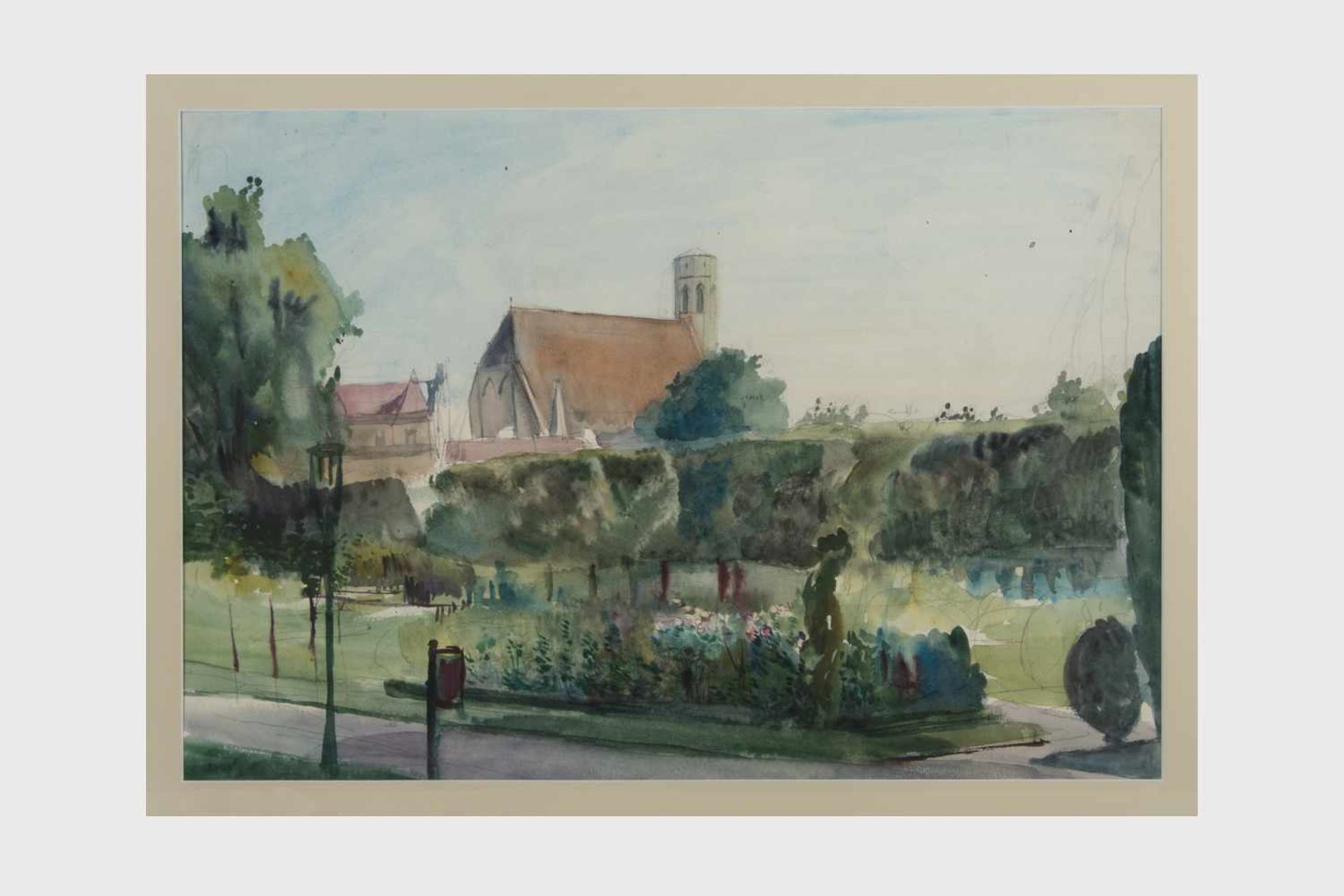 Rudolf von Zeileissen (Wien 1897-1970) Blick vom Volksgarten auf die Votivkirche, Aquarell auf