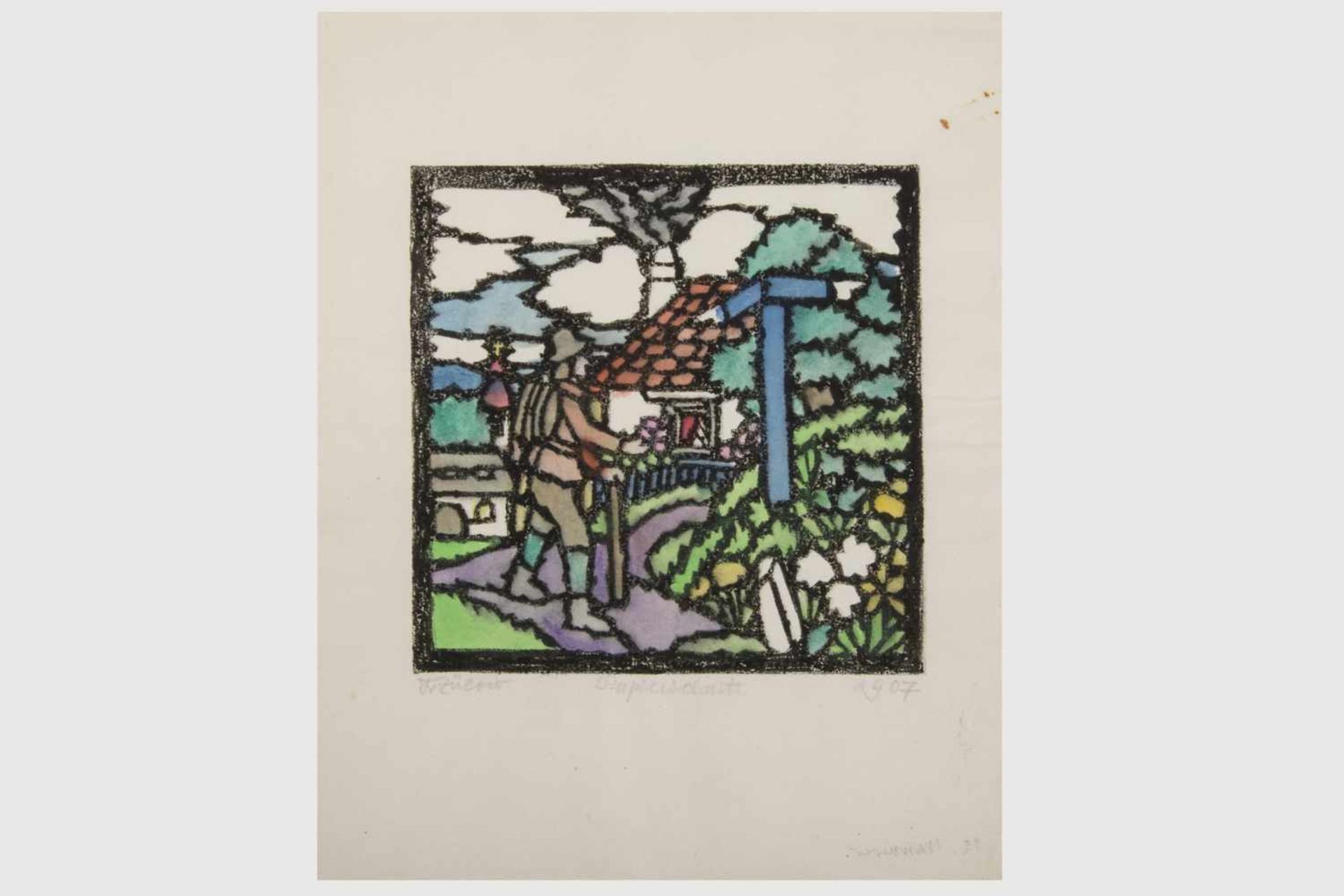 Franz von Zülow (Wien 1883 - 1963)Wanderer, handcolorierter Papierschnitt, Schablonendruck, unten