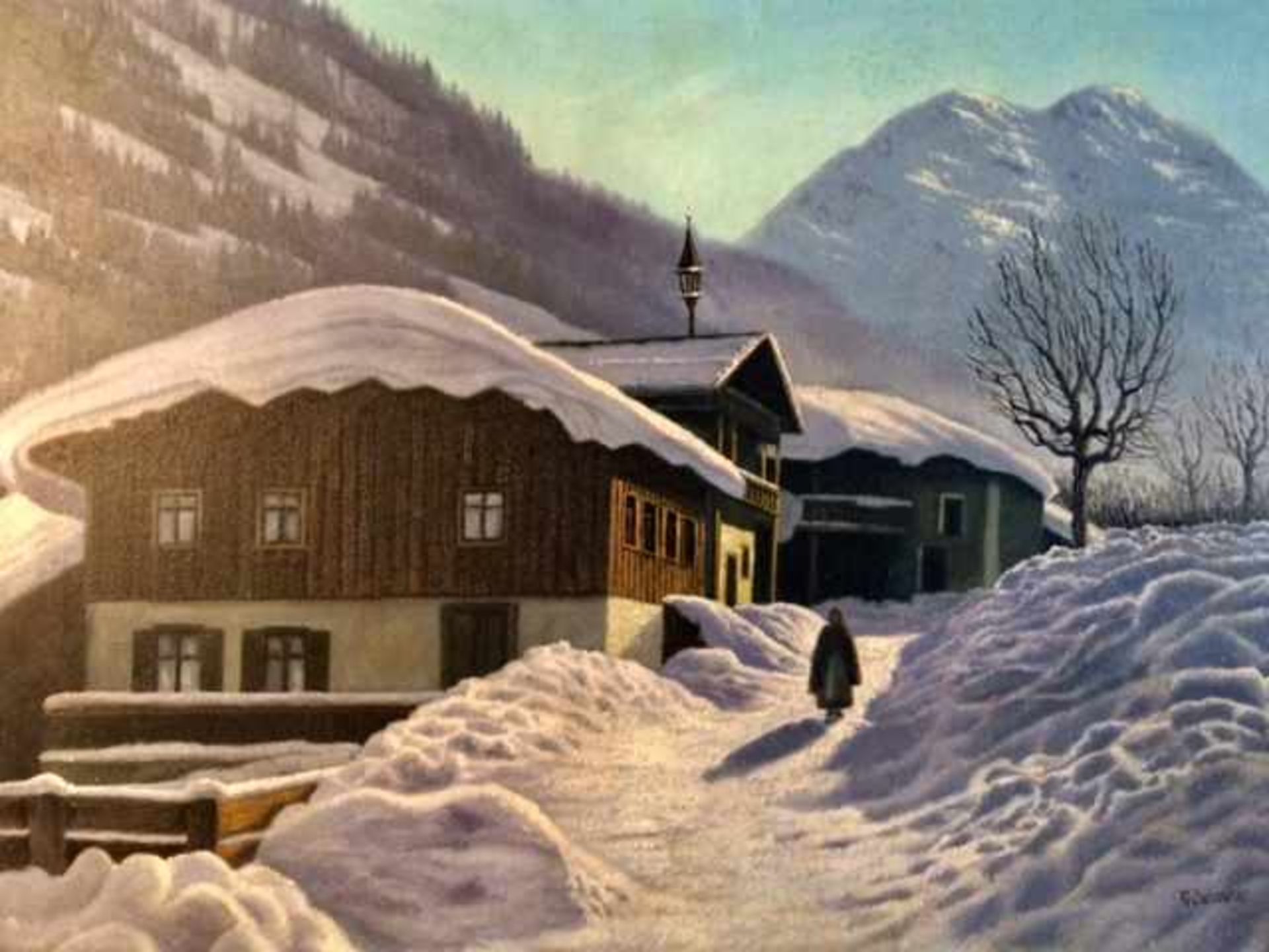 Georg Janowski (wohl Österreichisch, 20.Jh.,) Winterlandschaft in den Alpen mit Bauerngehöft,